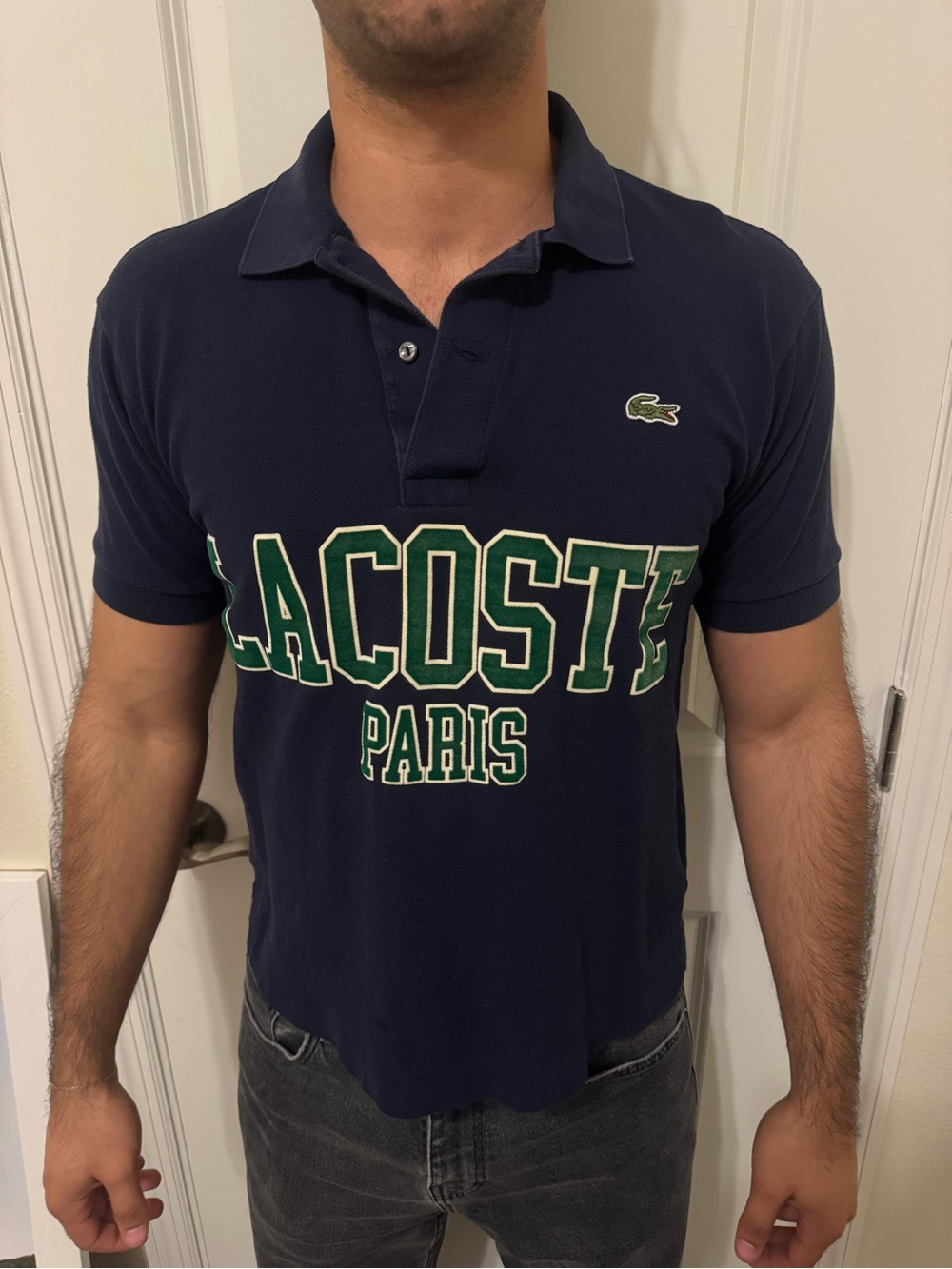 Lacoste Navy Blue Polo with Green Logo Lettering